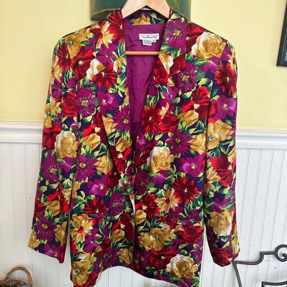 Talbots 8 Vintage Silk Blazer pink red floral flowers one button - Picture 9 of 9